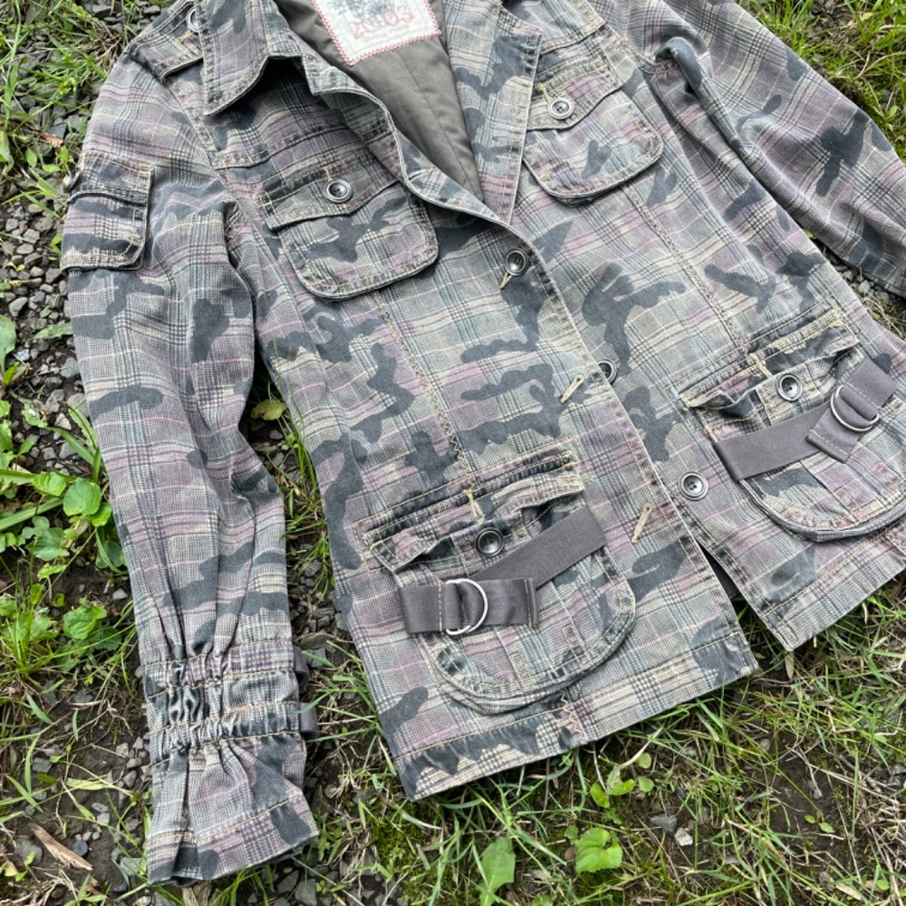Y2K Camo Plaid Utility Cargo Light Green Jacket - Picture 2 of 6